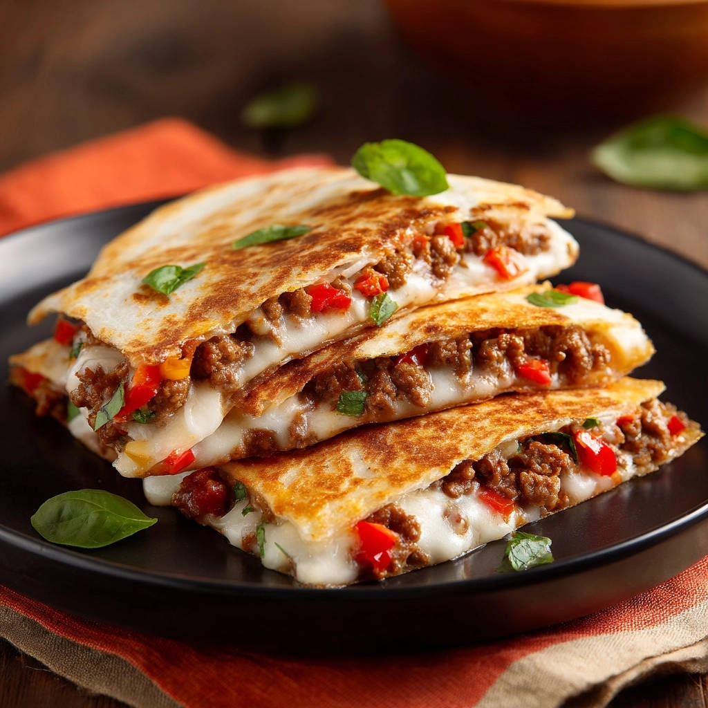 Ultimate Beef & Cheese Quesadillas shown in a close-up cross-section revealing the gooey melted cheese and savory beef filling.