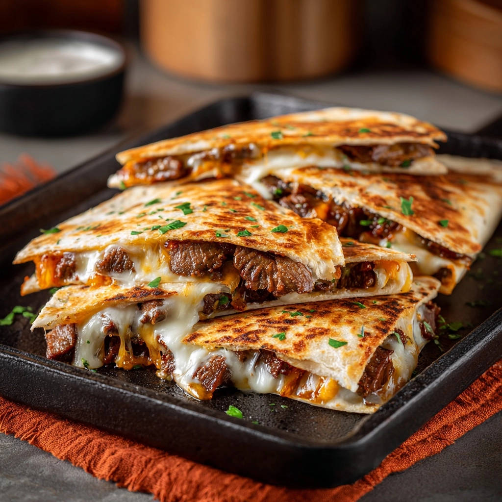 Beef & cheese quesadillas showing a delicious cross-section with melted cheese oozing out.