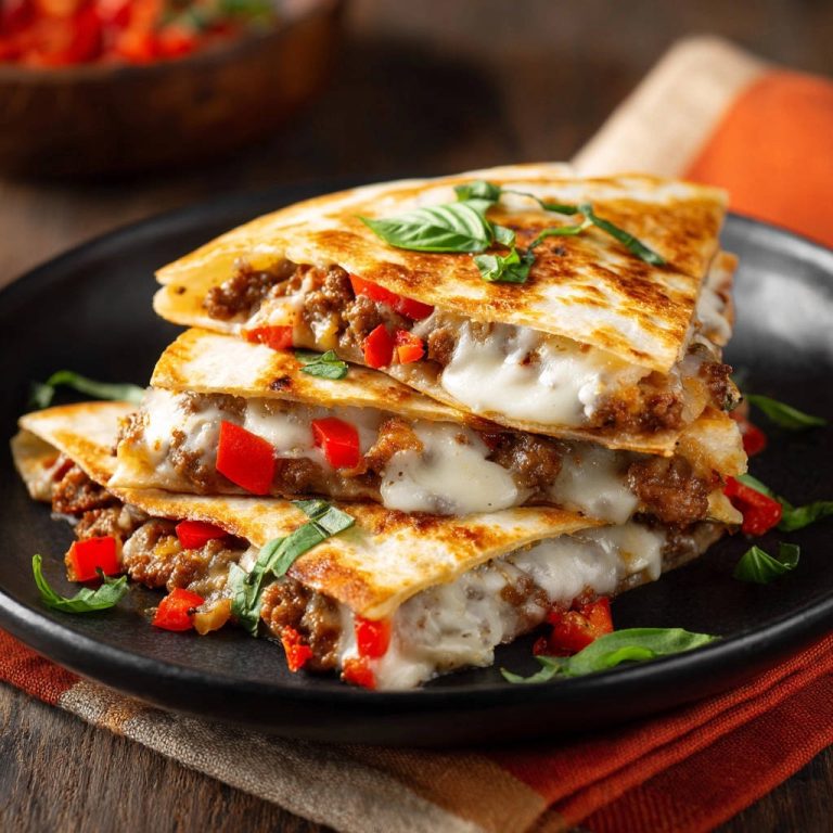 Ultimate beef & cheese quesadillas stacked and sliced, showcasing a gooey cheese and filling cross-section.