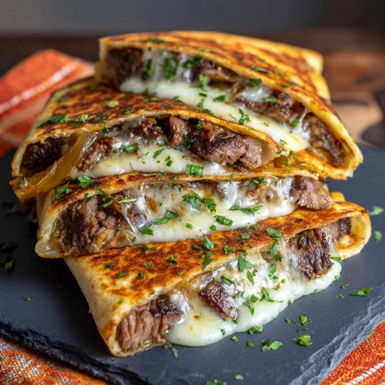 Beef & Cheese Quesadillas stacked in a cross-section, showcasing melted cheese and tender meat filling.