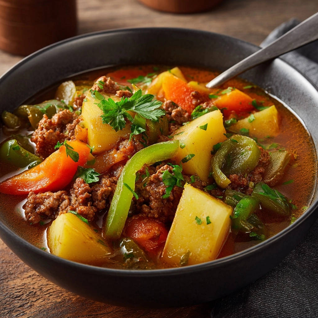Cozy beef and potato stew shown in a close-up view within a dark bowl, highlighting the hearty ingredients.