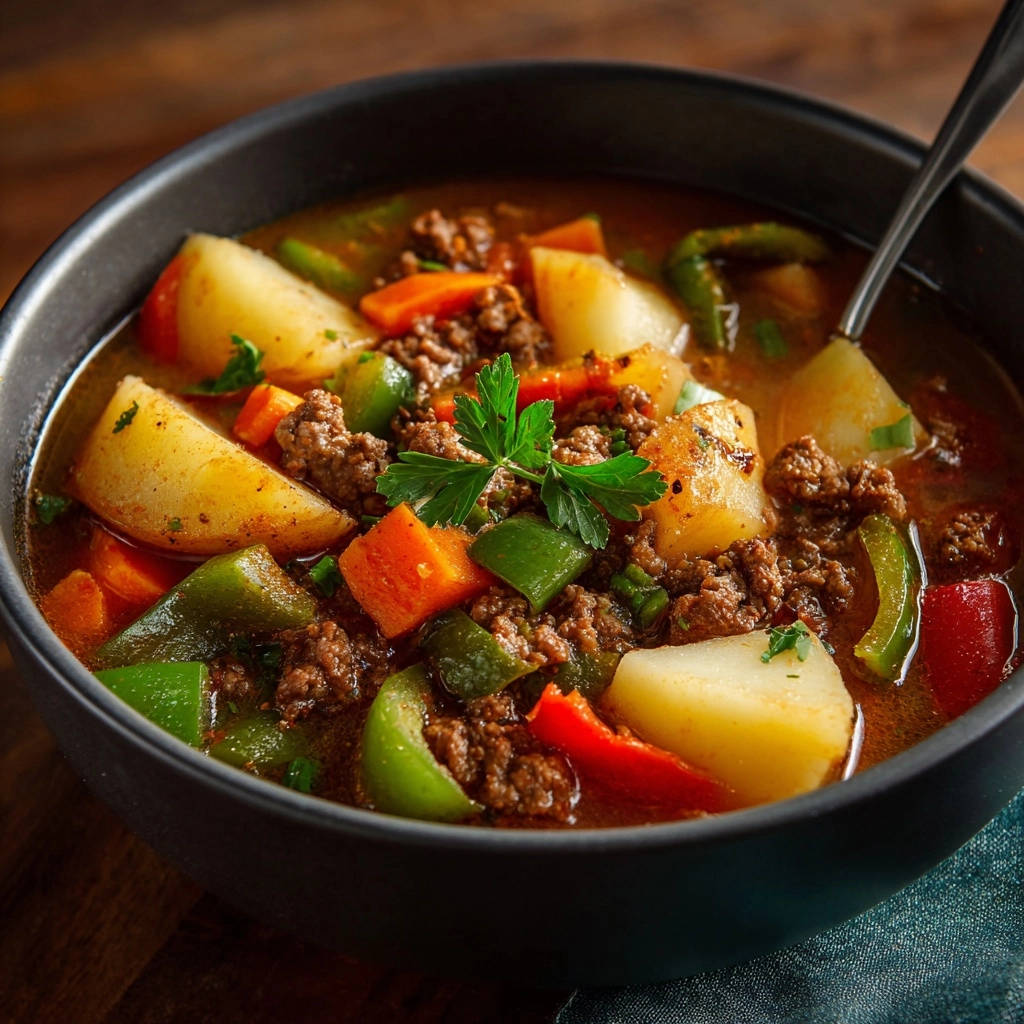 Cozy beef and potato stew in a dark bowl, featuring tender potatoes, ground beef, and colorful vegetables with a parsley garnish.