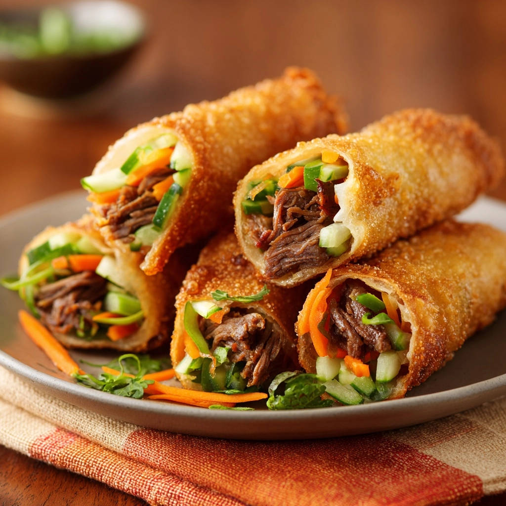 Beef & Veggie Egg Rolls cross-section detail showing shredded beef and fresh vegetables inside a golden-brown wrapper.