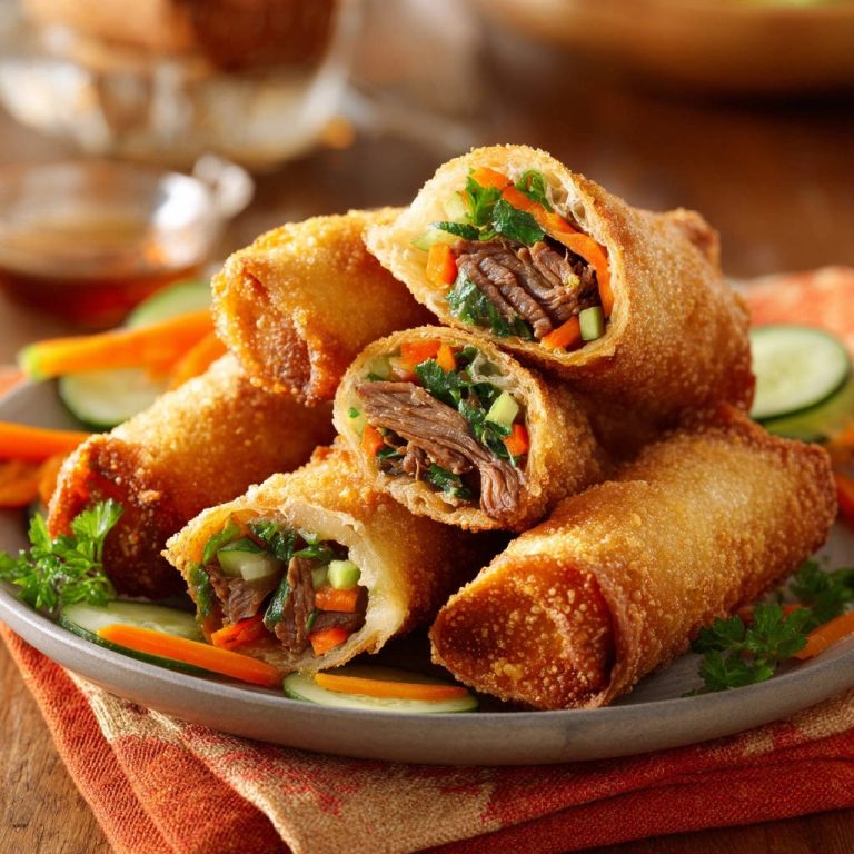 Beef & Veggie Egg Rolls, a pile of golden-brown rolls with a close-up cross-section revealing the savory filling.