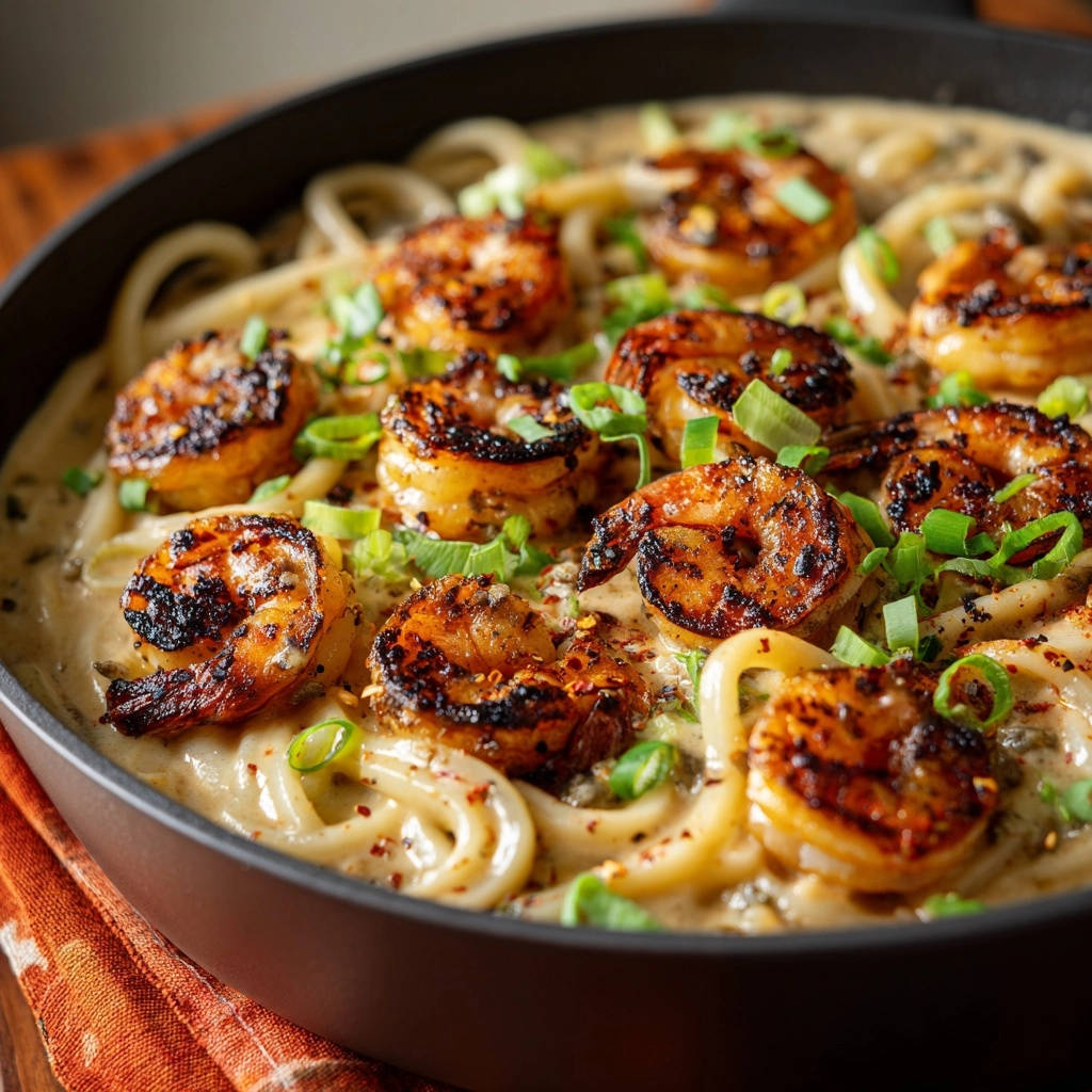 Cajun butter shrimp skillet shown close-up in a skillet with pasta and green onions.