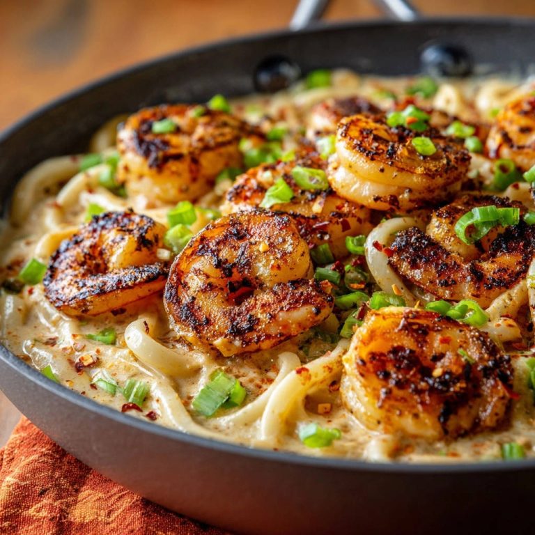Cajun butter shrimp skillet features plump, seasoned shrimp nestled in creamy noodles, garnished with green onions.