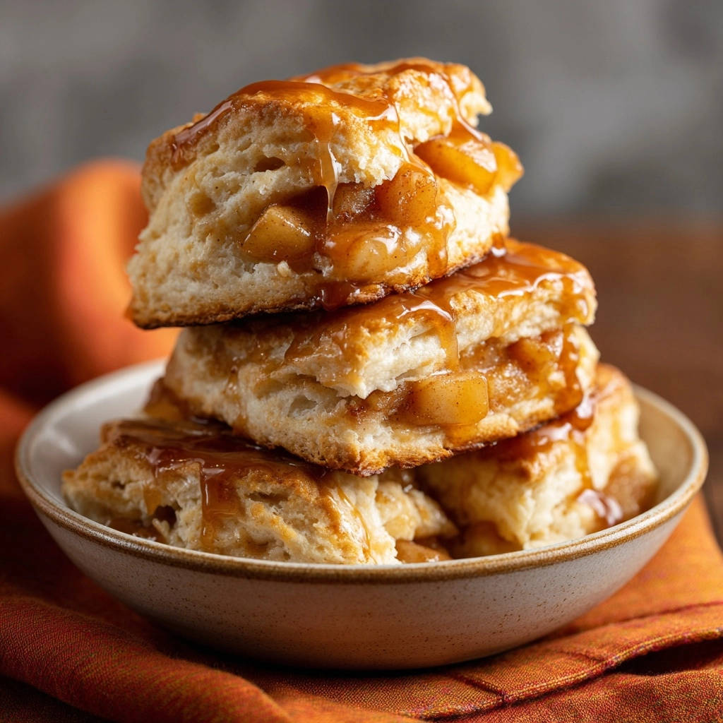 Caramel apple biscuits stacked in a bowl, drizzled with caramel sauce, showcasing their flaky layers and apple filling.