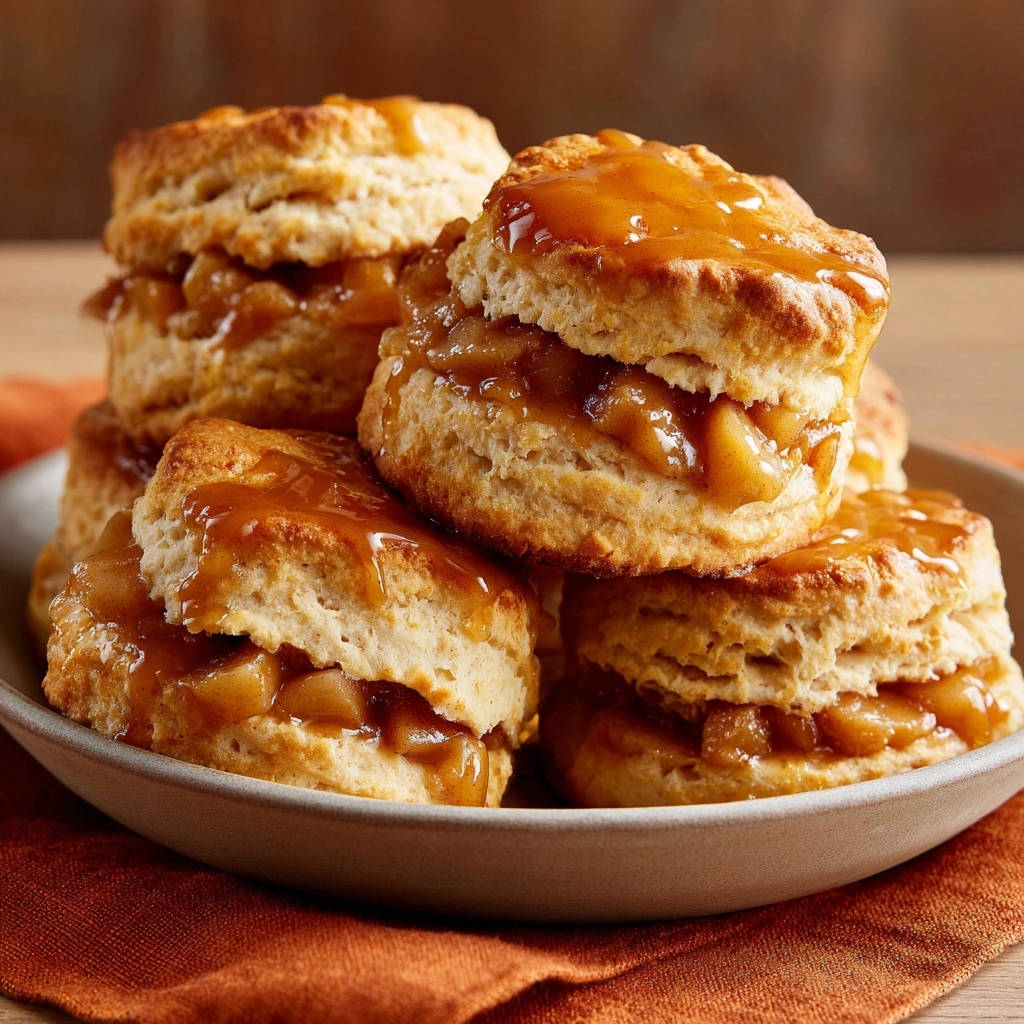 Caramel apple biscuits stacked high on a plate, drizzled with a glossy caramel glaze.