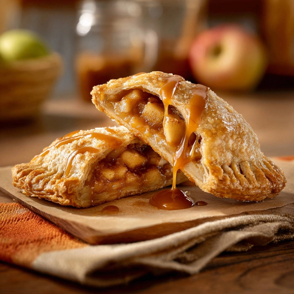 Caramel apple hand pies cross-section with gooey caramel drizzled over the top.