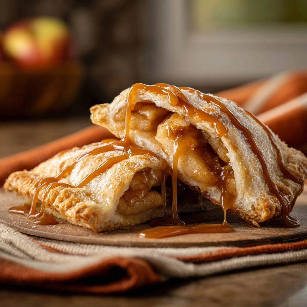 Caramel apple hand pies drizzled with sauce, shown in a close-up cross-section revealing the apple filling.