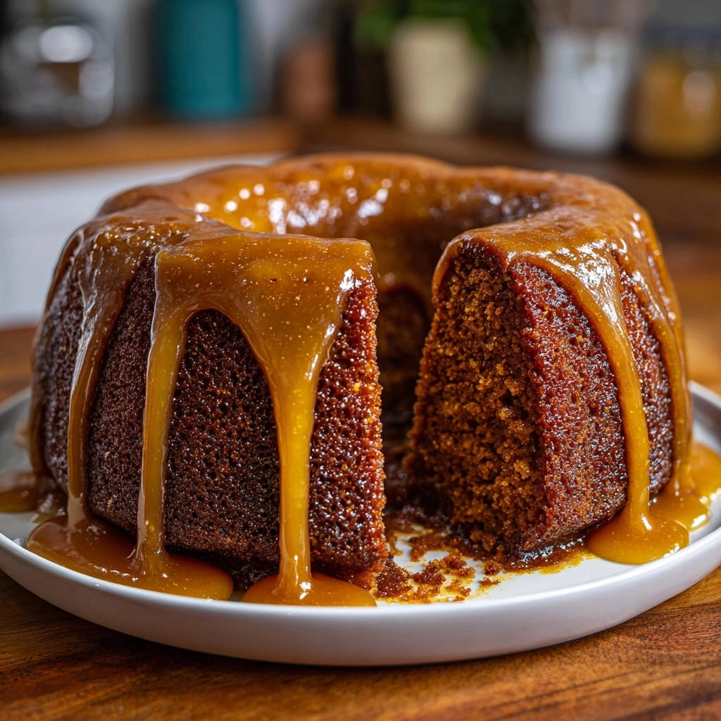 Decadent caramel bundt cake with rich caramel glaze dripping down the sides, showcasing its moist texture.