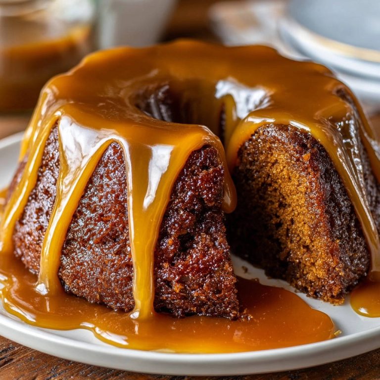 Decadent caramel bundt cake with rich, glossy caramel glaze dripping down the sides.