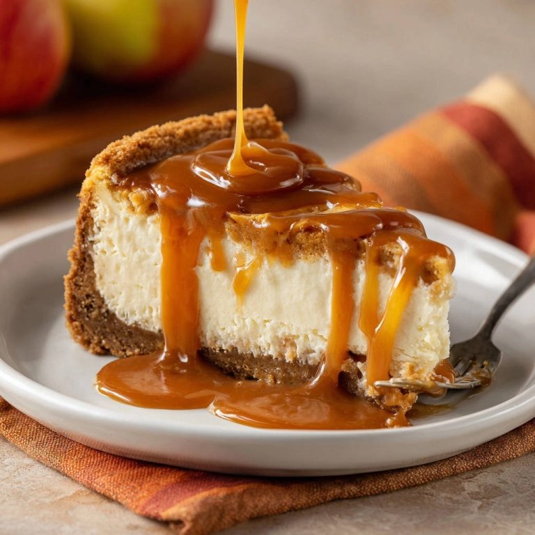 Classic Caramel Cheesecake, a slice generously drizzled with rich caramel sauce, served on a white plate.