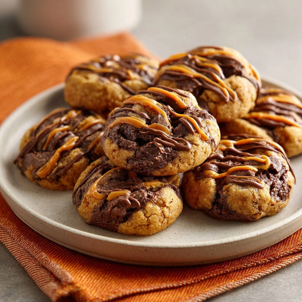 Caramel Chocolate Pinwheel Cookies arranged on a plate with an orange napkin, showcasing their swirled chocolate and caramel topping.