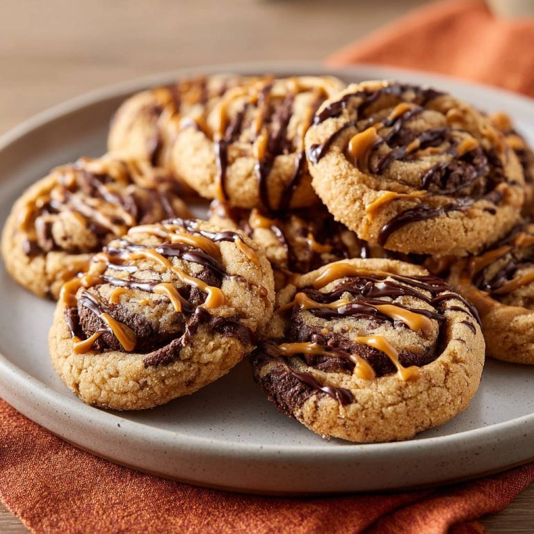Caramel Chocolate Pinwheel Cookies drizzled with chocolate and caramel sauce, piled on a plate.