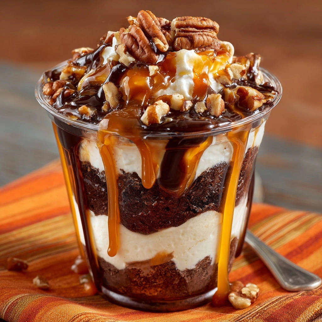Decadent caramel pecan brownie parfait with rich chocolate sauce and whipped cream, showing a close-up of the caramel drizzle.