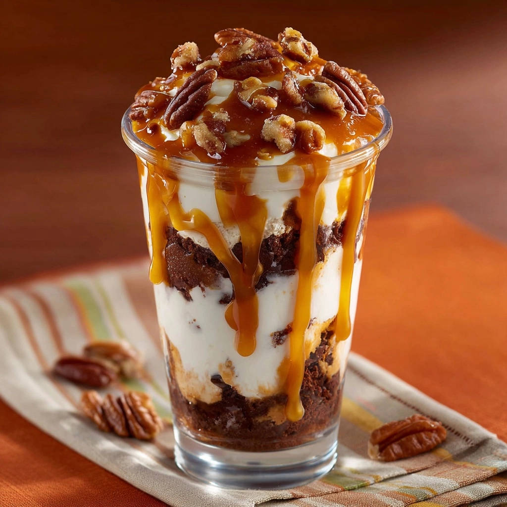 Decadent caramel pecan brownie parfait layered in a glass with rich caramel drizzle and whole pecans on top.
