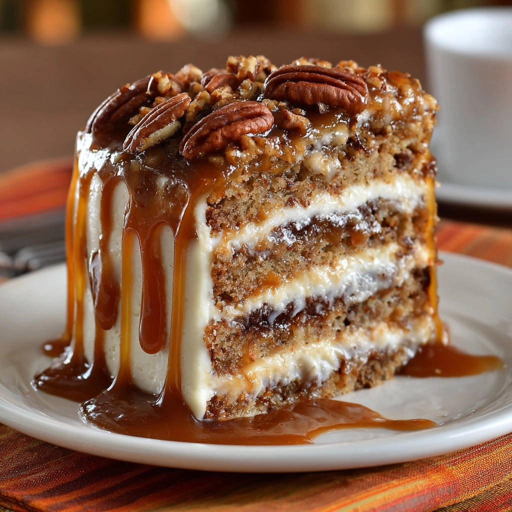 Caramel Pecan Layer Cake: a moist slice with generous caramel drizzle and pecan topping on a white plate.