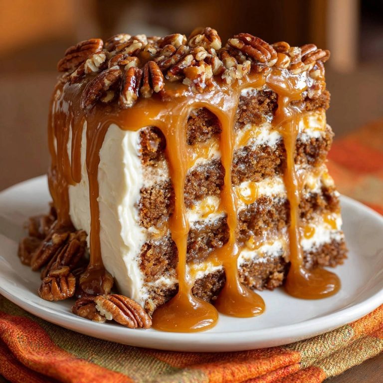 Caramel pecan layer cake slice generously drizzled with caramel sauce and topped with pecans.