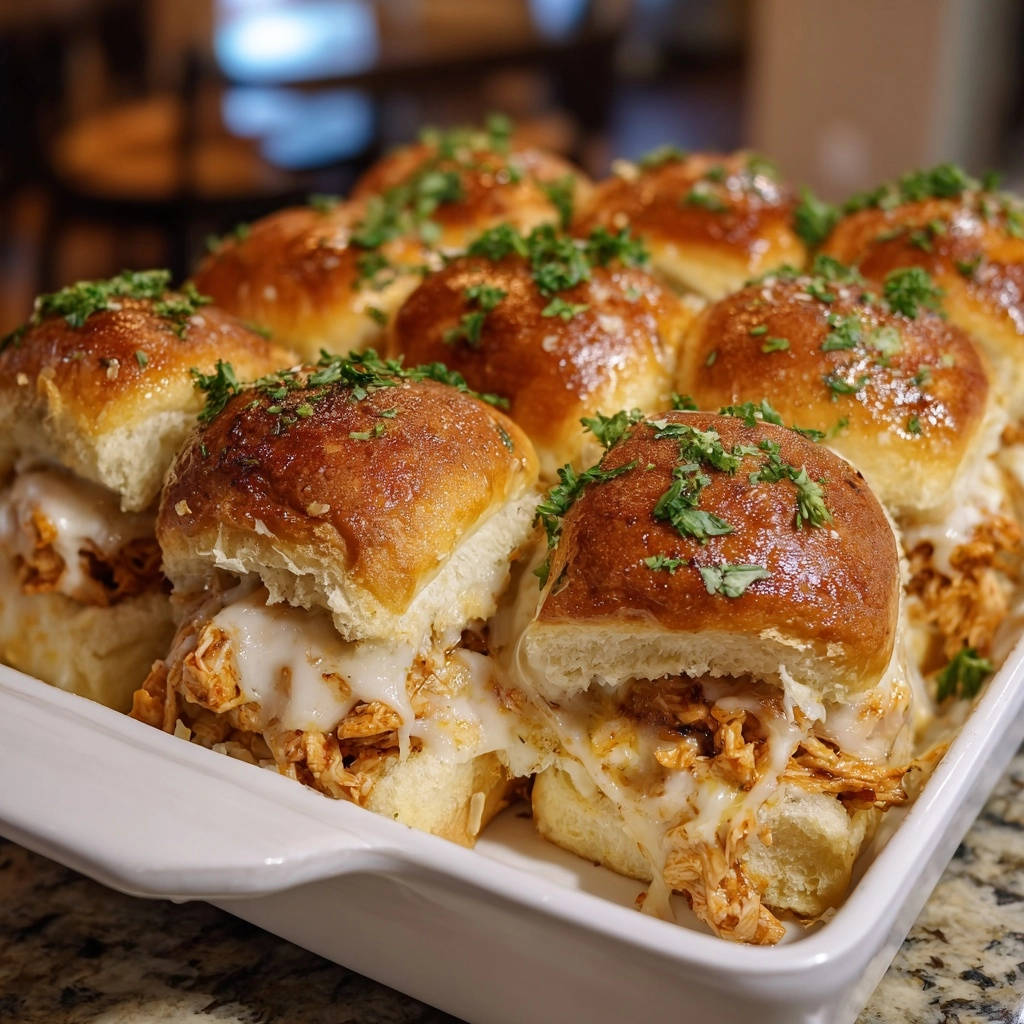 Cheesy baked chicken sliders with golden brown buns and melted cheese, a close-up view.