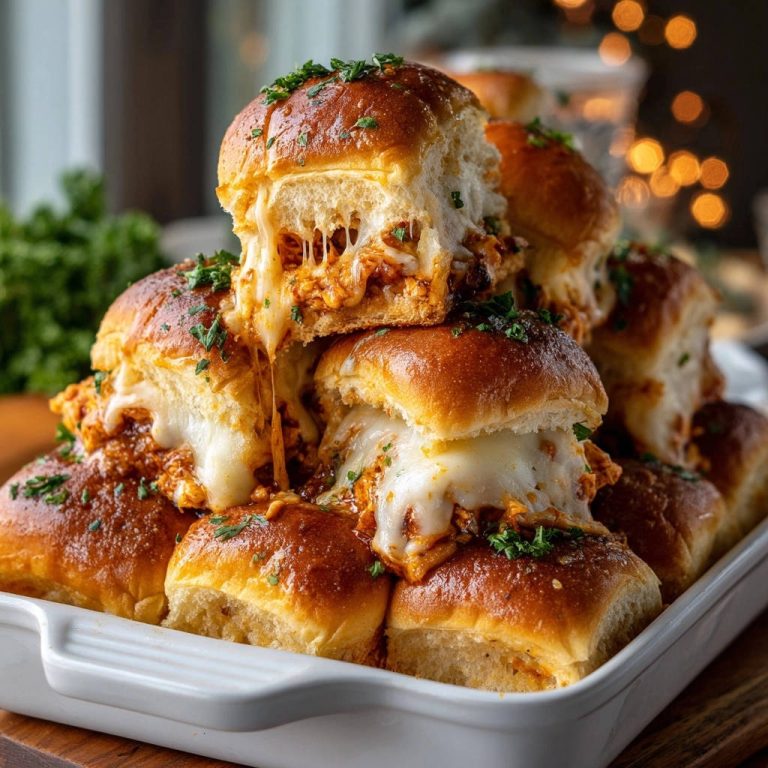Cheesy baked chicken sliders with gooey melted cheese and parsley garnish stacked in a white dish.