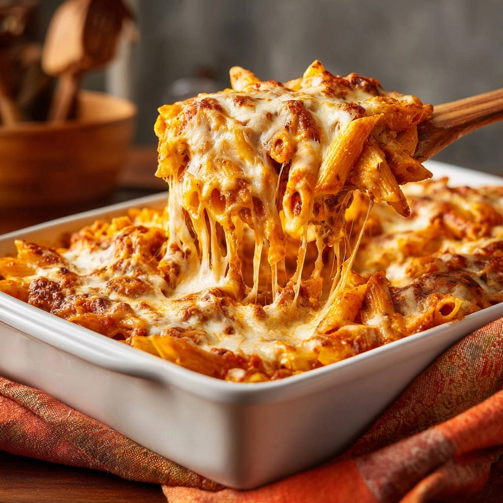 Cheesy baked penne with meat sauce, showing a generous serving being lifted with a wooden spoon, creating a long, gooey cheese pull.
