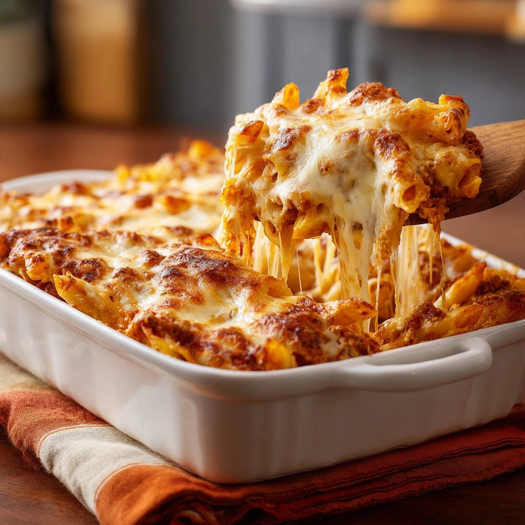 Cheesy baked penne with meat sauce being served on a spoon, showcasing melted cheese strands.