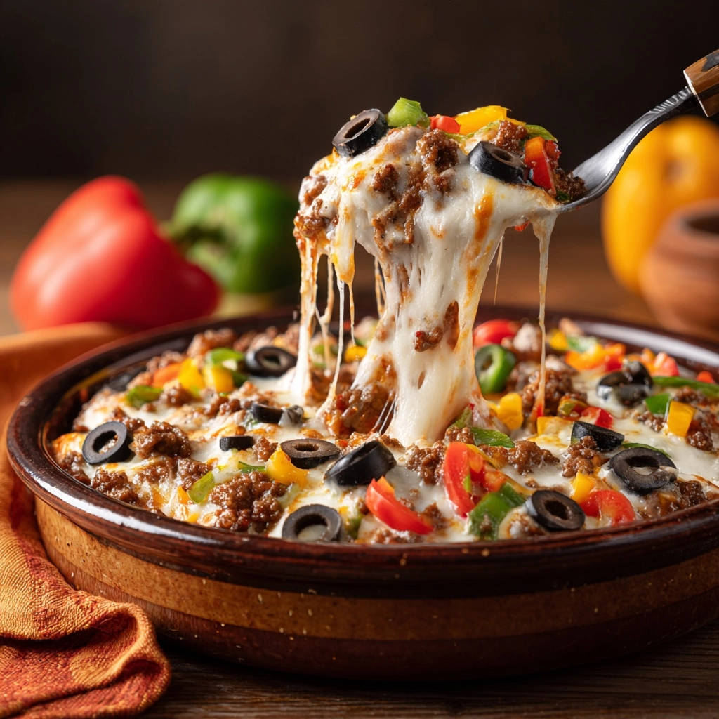 Cheesy Bell Pepper Bake featuring a gooey cheese pull lifted on a serving spoon, showcasing melted mozzarella and seasoned ground beef.