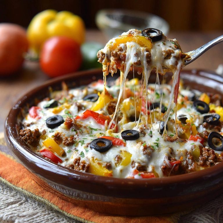 Cheesy bell pepper bake with a generous gooey cheese pull, showing melted cheese stretching from the dish.