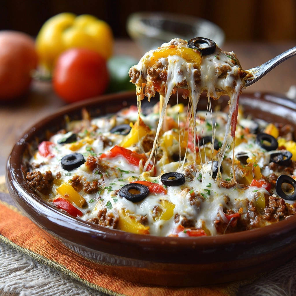 Cheesy bell pepper bake with a generous gooey cheese pull, showing melted cheese stretching from the dish.