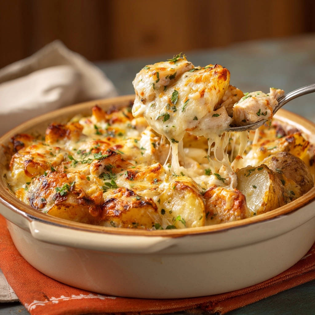 Cheesy chicken and potato bake with a spoonful being lifted, showing melted cheese strands and golden potatoes.