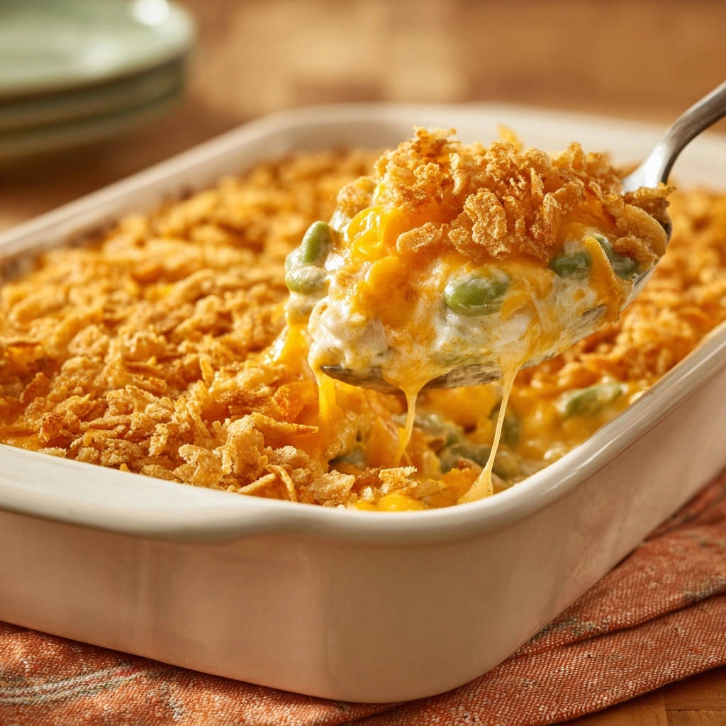 Cheesy green bean casserole is scooped onto a spoon, showing the creamy interior and crispy topping.