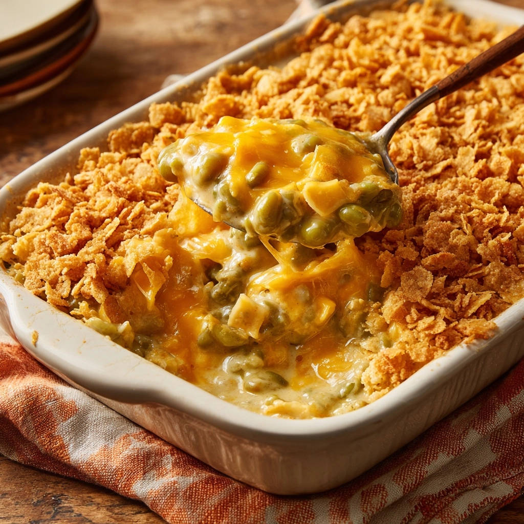 Cheesy green bean casserole with a spoonful of the crispy topping being lifted from the dish.
