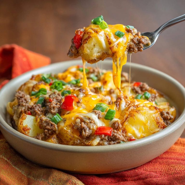 Cheesy ground beef and roasted potato bowl shown with a forkful of melted cheese being lifted, revealing gooey strings.