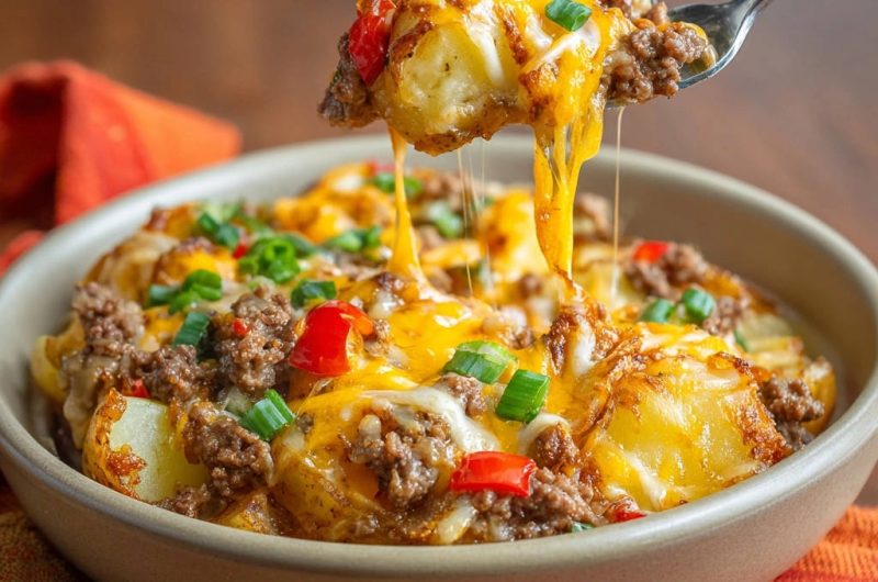 Cheesy Ground Beef Roasted Potato Bowl