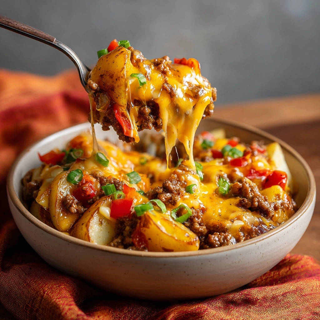 Cheesy ground beef & roasted potato bowl with a spoonful of gooey melted cheese being lifted from the bowl.
