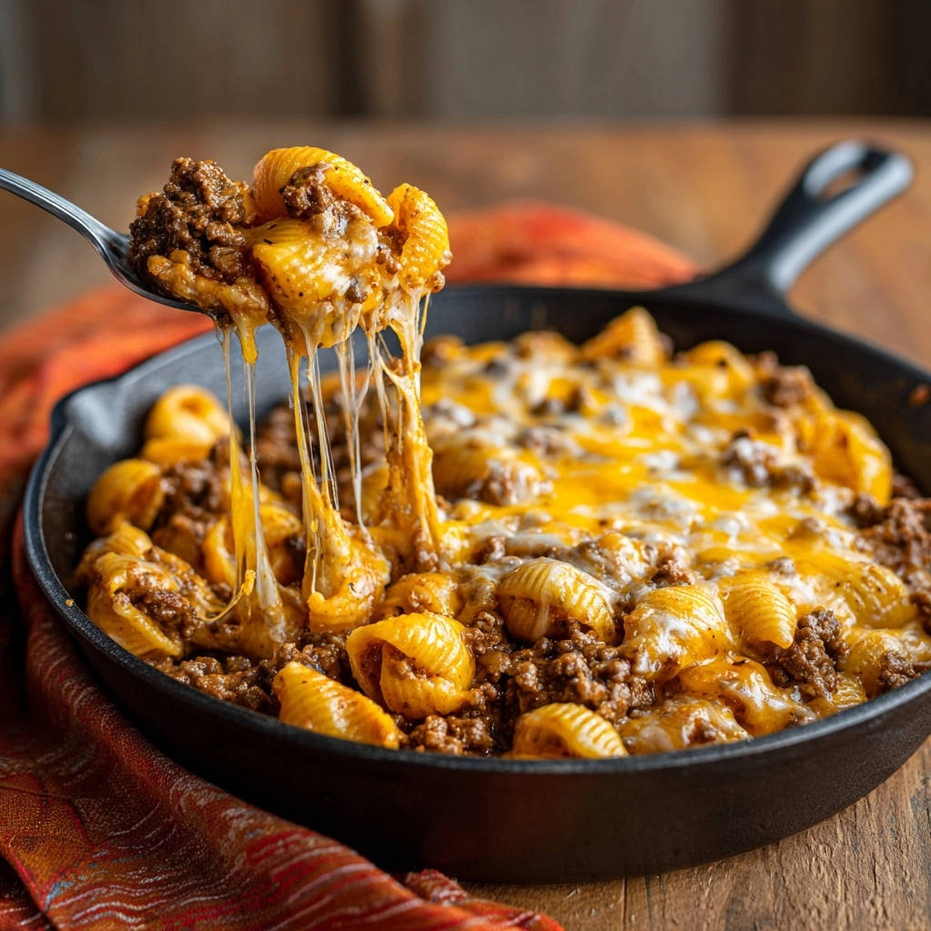 One-pan cheesy skillet shells shown with a spoonful lifting out, revealing rich, gooey melted cheese.