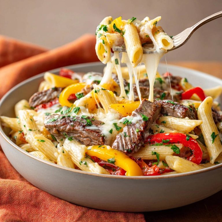 Cheesy steak and pepper penne being lifted on a fork with melted cheese stretching.
