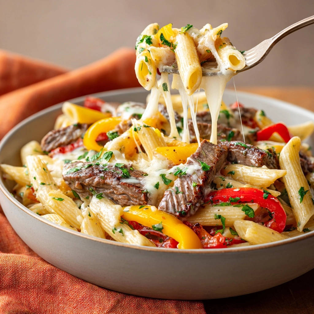 Cheesy steak and pepper penne being lifted on a fork with melted cheese stretching.