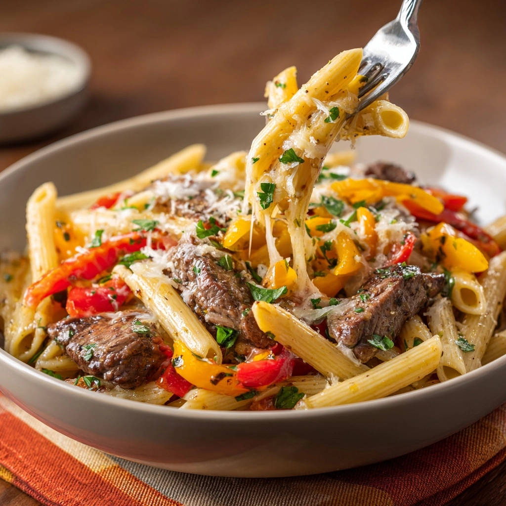 Cheesy steak and pepper penne with a forkful pulling away, showing melted cheese strands.