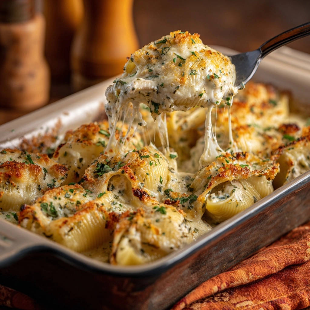 Cheesy stuffed shells with a gooey cheese pull being lifted from a baking dish, garnished with parsley.
