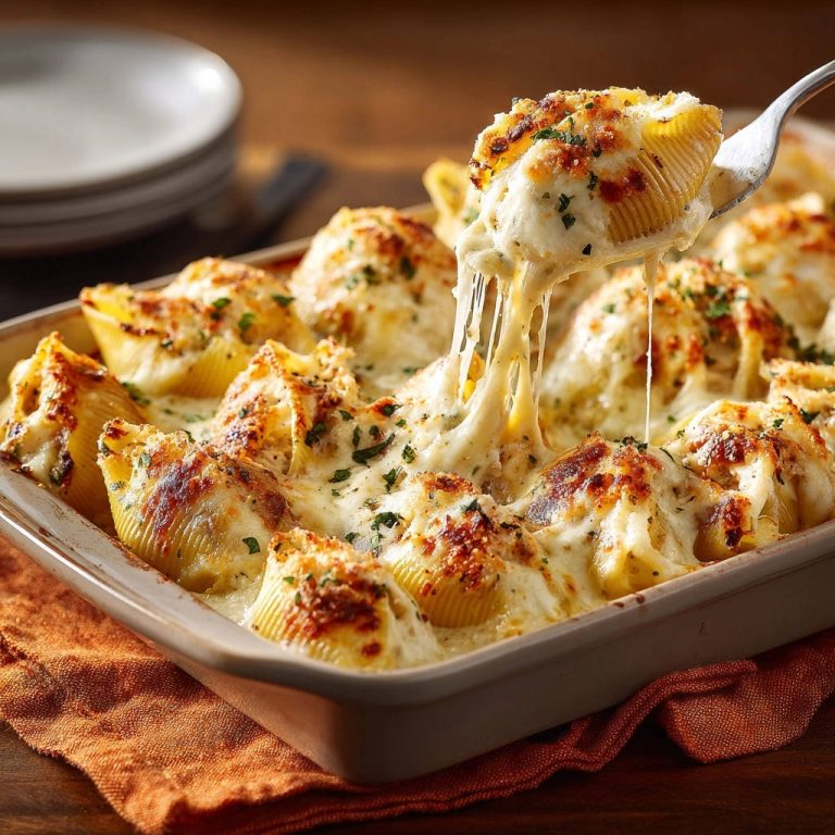 Cheesy stuffed shells with a gooey cheese pull, showcasing the supreme creaminess of the baked pasta dish.