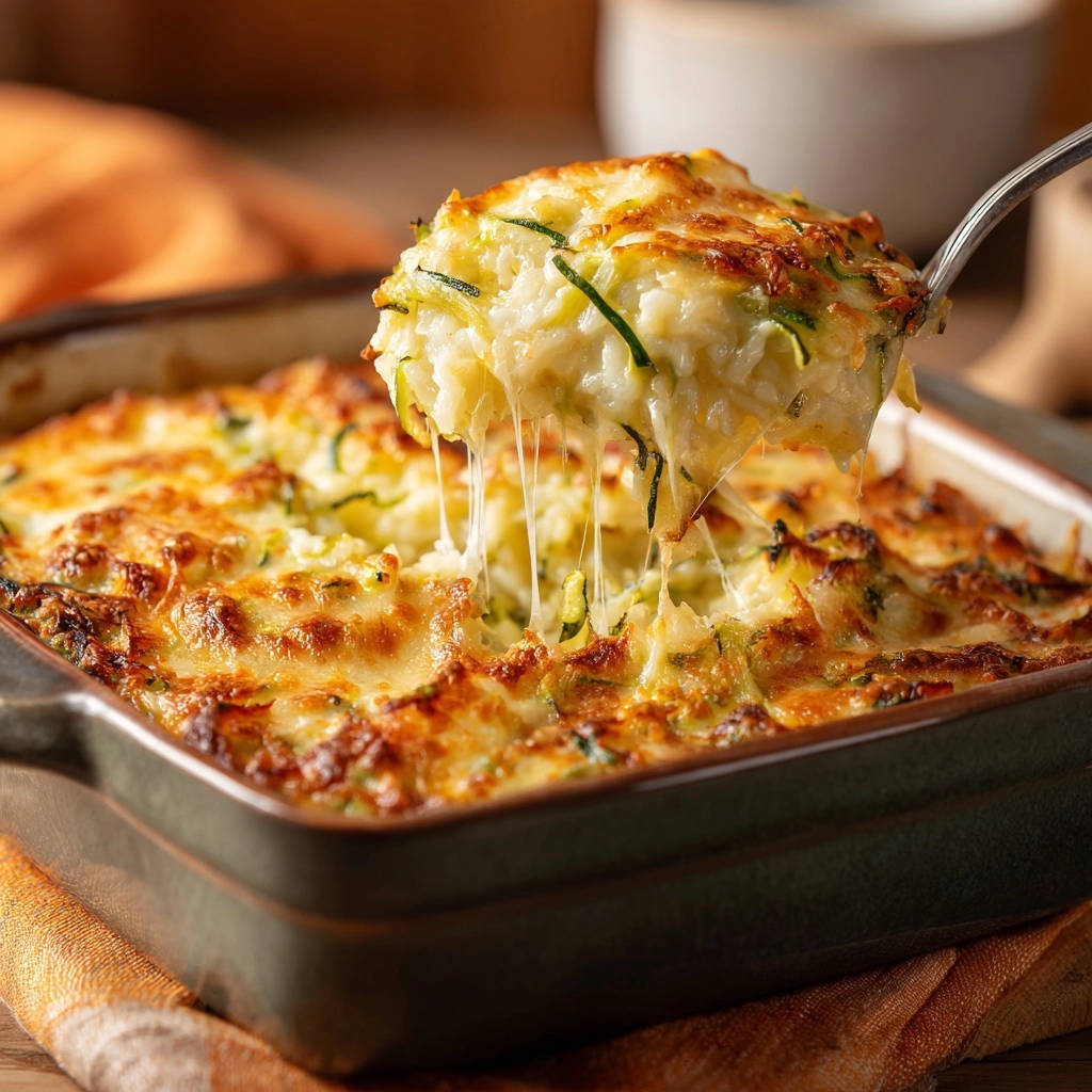 Cheesy zucchini rice bake, with a scoop being lifted showing gooey melted cheese stretching from the creamy interior.