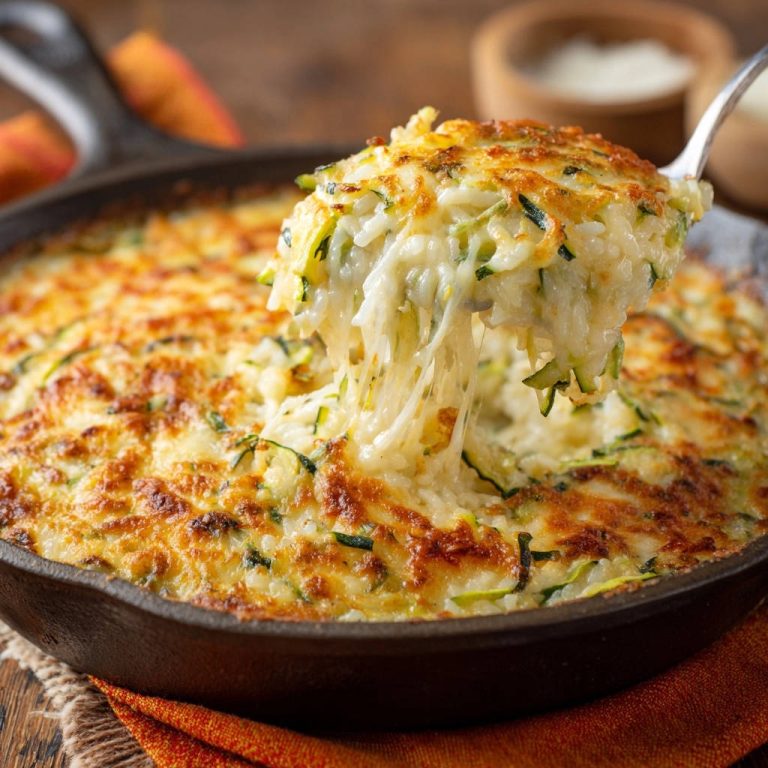 Cheesy zucchini rice bake with a serving being pulled out, showing melted cheese strings.