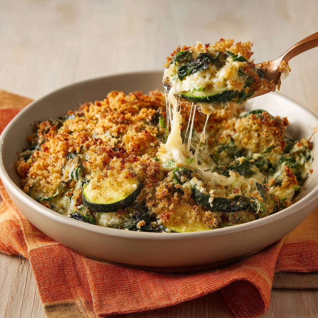 Cheesy zucchini and spinach bake with a serving spoon lifting a cheesy portion, showcasing a golden breadcrumb topping.