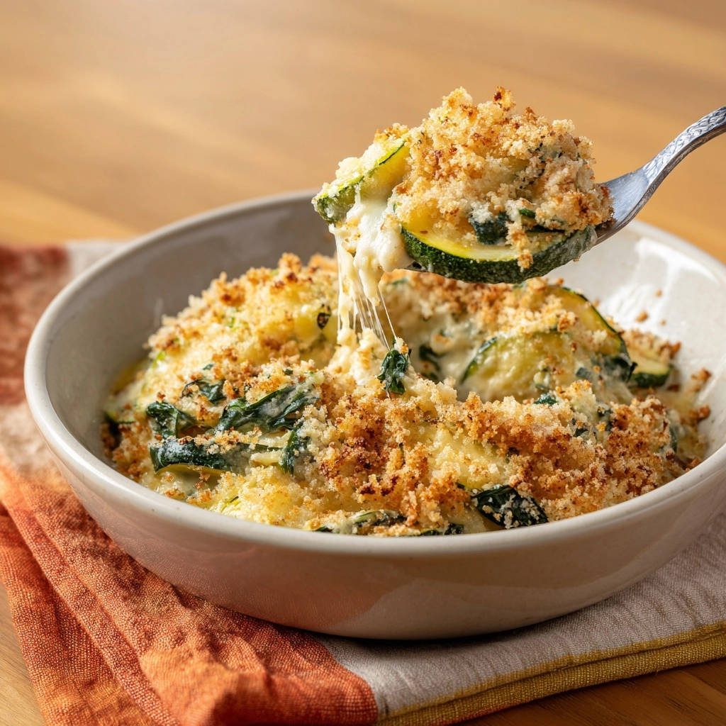 Cheesy zucchini and spinach bake served with a spoonful being lifted, showing melted cheese strings.