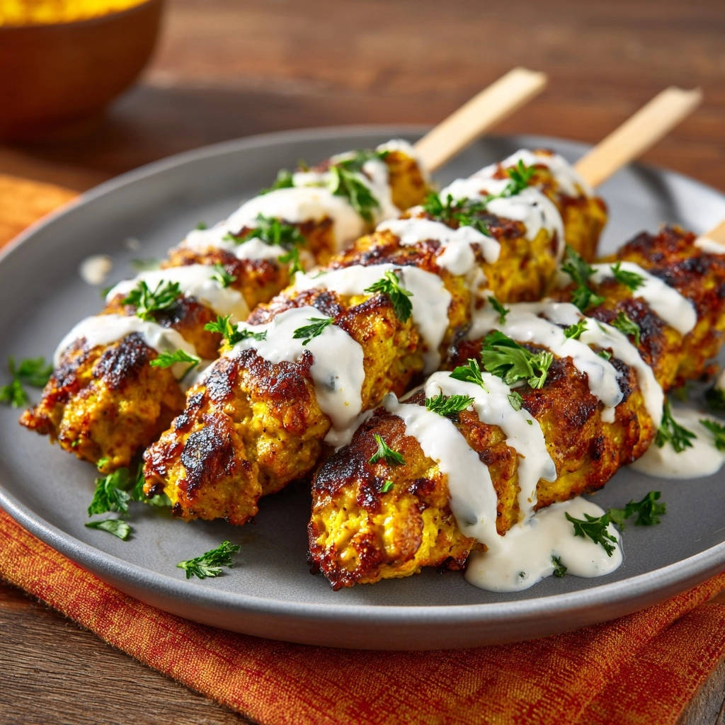 Juicy chicken kofta skewers drizzled with creamy sauce and fresh parsley garnish on a grey plate.