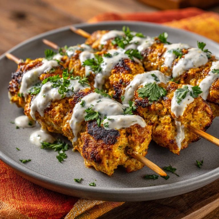 Juicy chicken kofta skewers drizzled with creamy sauce and garnished with fresh parsley on a plate.