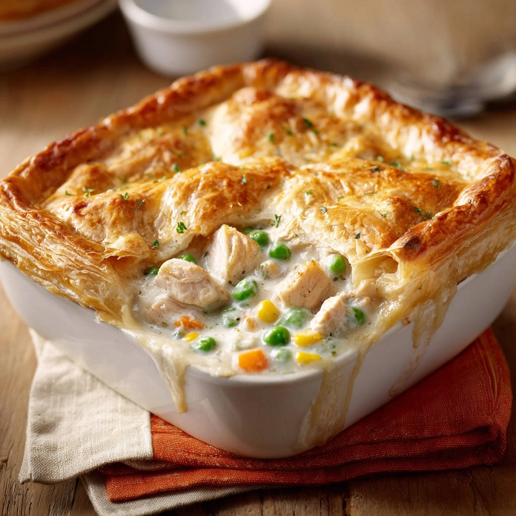 Classic chicken pot pie with a puffy golden crust and creamy filling overflowing from the dish.