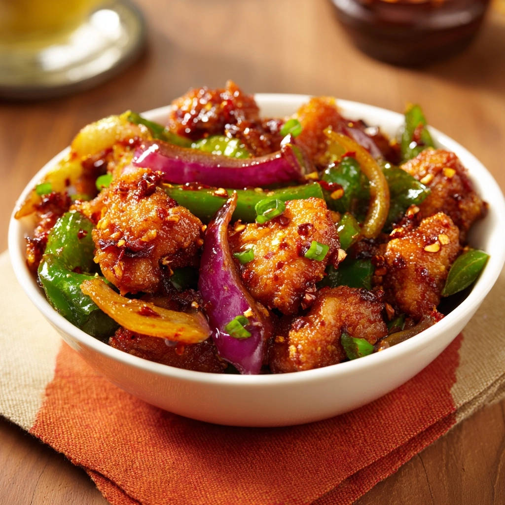 Crispy chili cauliflower is shown in a white bowl, featuring glazed pieces with visible red pepper flakes and green onions.